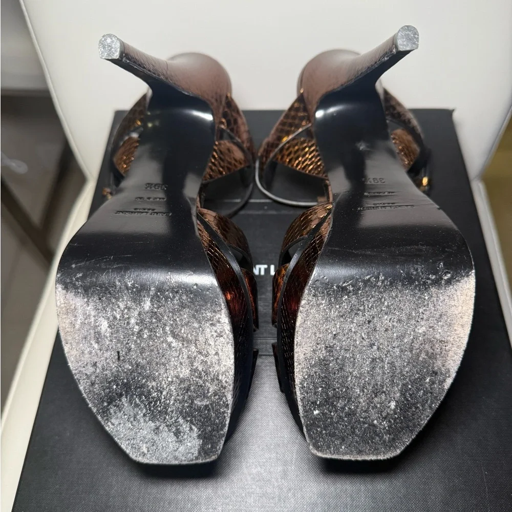 PRE-OWNED - Yves Saint Laurent Tribute Metallic Snakeskin Heel Sandals Size 39.5 - Picture 9 of 14